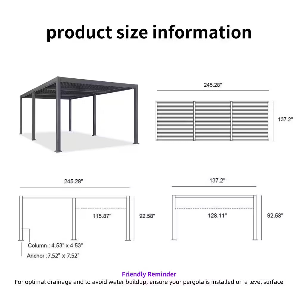 11.4 Ft. X 20.4 Ft. Gray Aluminum Patio Louvered Pergola Hardtop Gazebo with Adjustable Sunshade Roof and String Lights