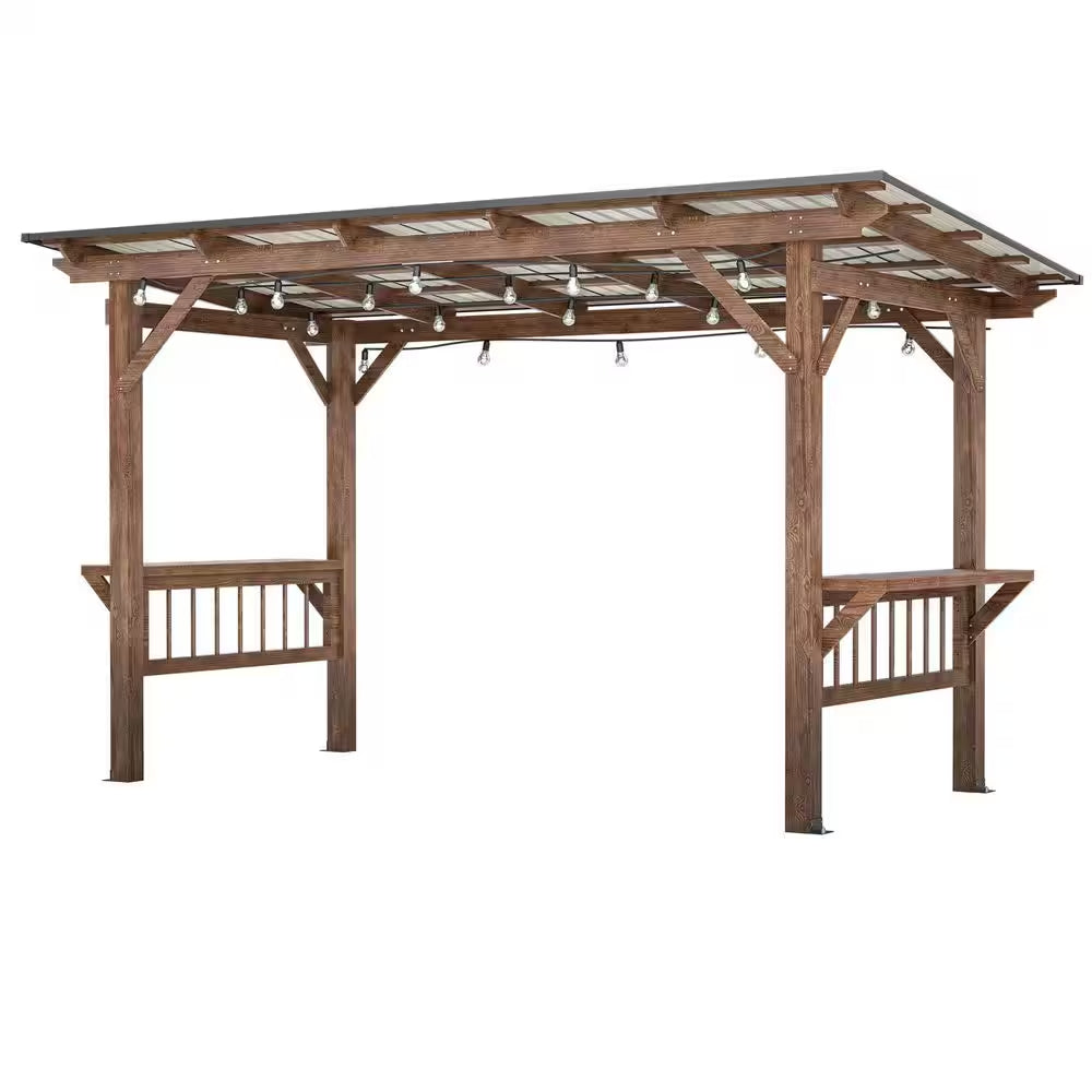 13 Ft. X 6.5 Ft. Brown Wooden Patio Pergola with Metal Roof Outdoor Garden Gazebo