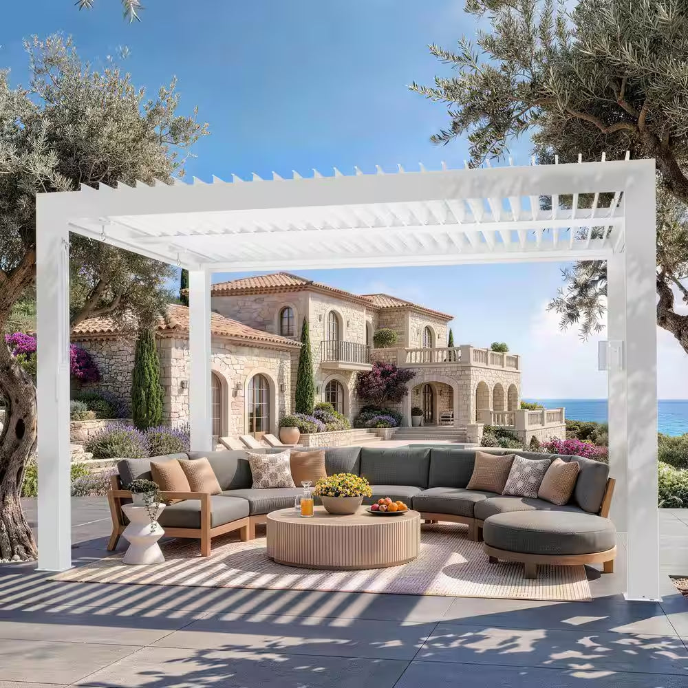 Ultra Series 10 Ft. X 12 Ft. Louvered Pergola with USB Charging Port Deck, Gazebo with Adjustable Roof, White