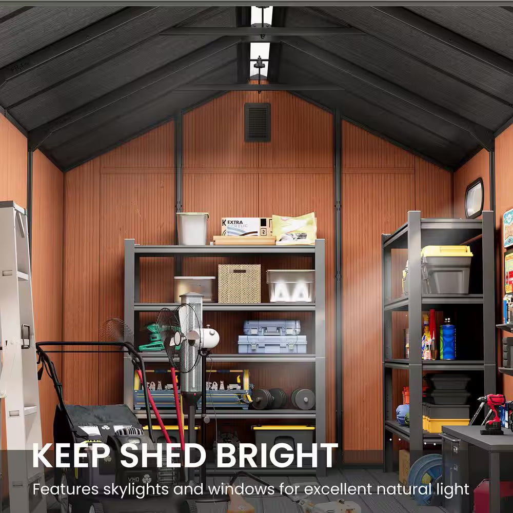 8 Ft. W X 12 Ft. D Outdoor Resin Storage Shed in Brown Plastic Resin Tool Shed with Floor and Lockable Door (96 Sq. Ft.)