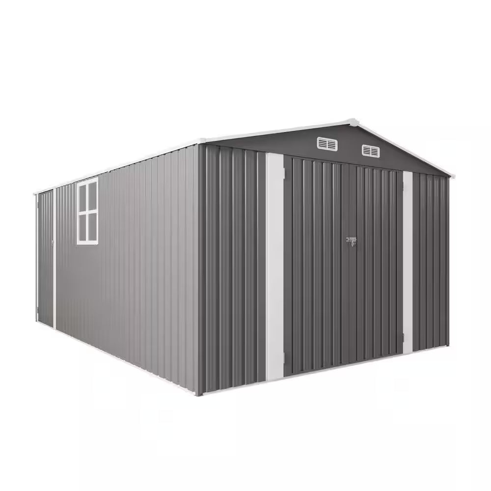 10 Ft.W X 14 Ft.D Outdoor Metal Storage Shed, Lockable Door Tool Shed with 2 Window for Patio/Lawns, Gray (130 Sq. Ft.)
