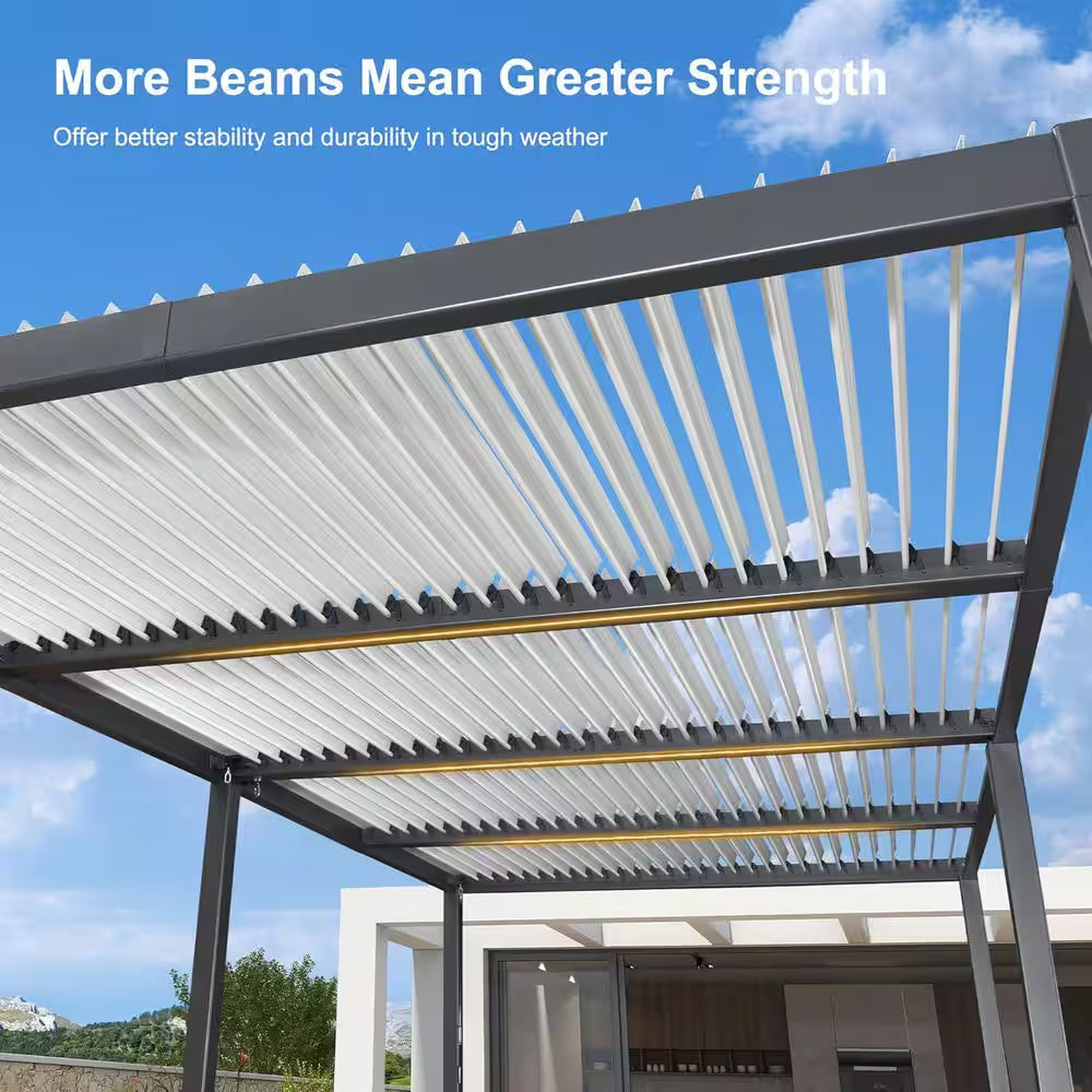 11.7 Ft. X 24.1 Ft. Gray Aluminum Outdoor Louvered Pergola with 4 White Individual Adjustable Roofs and In-Built Gutter