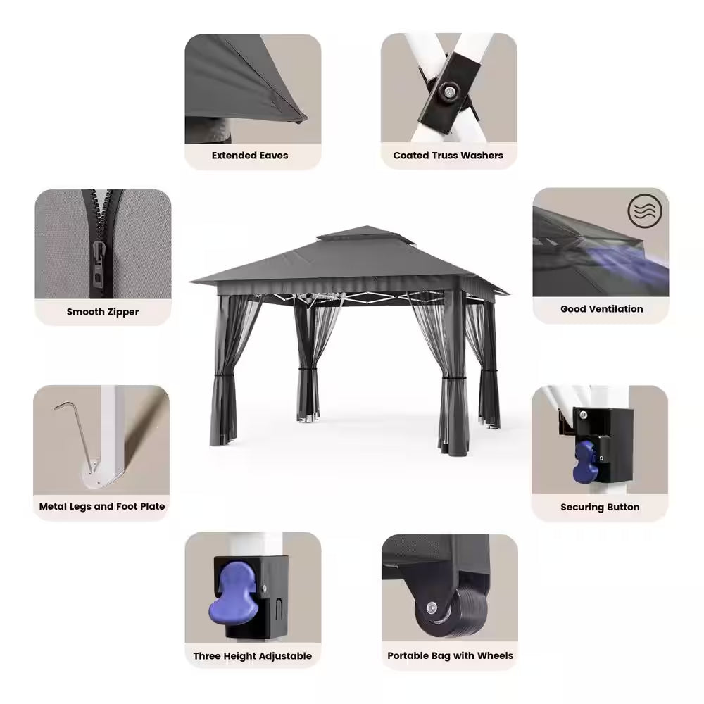 13 Ft. X 13 Ft. Pop up Gazebo Tent with Mosquito Netting, Outoor Canopy Tent for Lawn Backyard, Gray