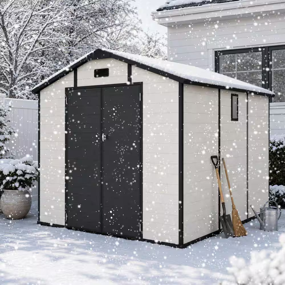 8X10 FT Plastic Outdoor Storage Shed, Lockable Resin Tool Shed with Window and Floor, Beige (80 Sq. Ft.)