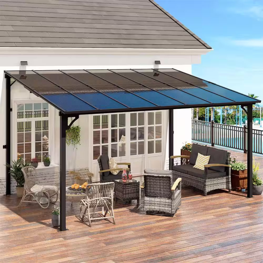 10' X 14' Wall Mounted Gazebo Heavy Duty Metal Pergola with Sloped Roof Lean to Awning for Patio Deck Backyard, Black