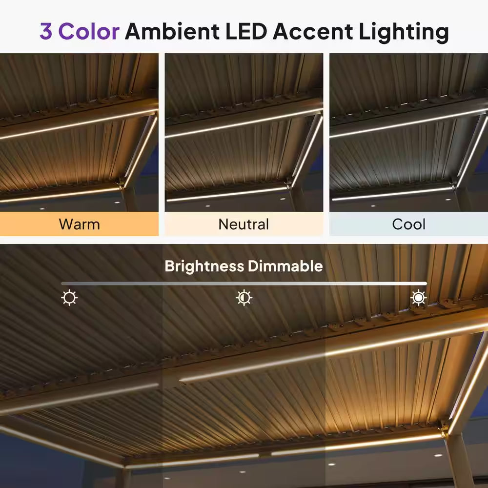 10 Ft. X 12 Ft. Champagne Aluminum Outdoor Louvered Pergola with Individual Adjustable Sunshade Roofs and LED Lights