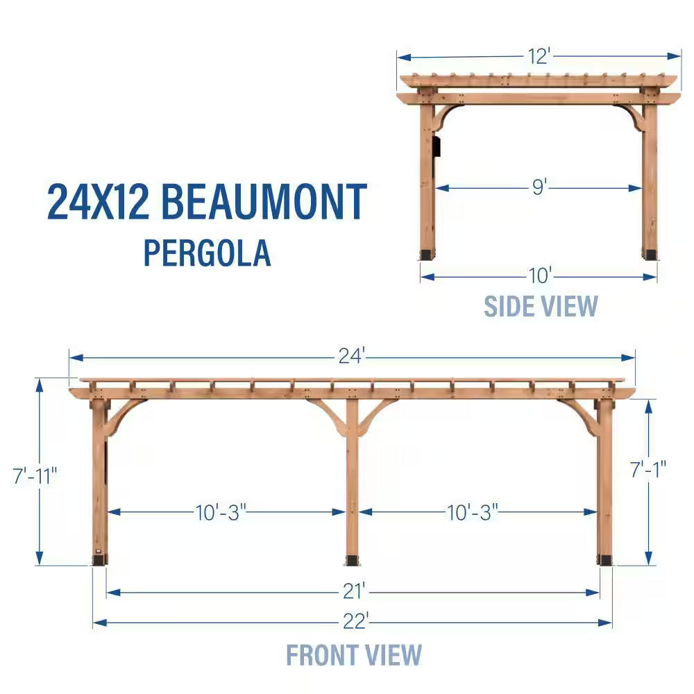 Beaumont 24 Ft. X 12 Ft. Light Brown Cedar Wood Outdoor Patio Pergola with Trellis Roof and Powerport