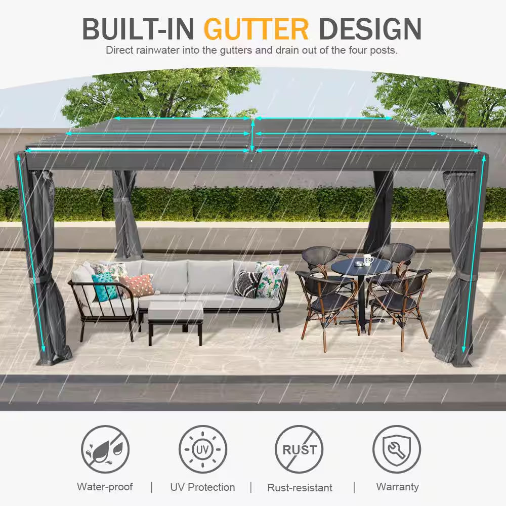 12 Ft. X 16 Ft. Dark Gray Outdoor Aluminum Rainproof Pergola with Curtains and Netting