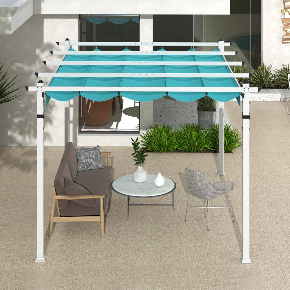 12 Ft. X 10 Ft. Aluminum Patio Pergola with Retractable Polyester Canopy and Locking Hooks, Turquoise