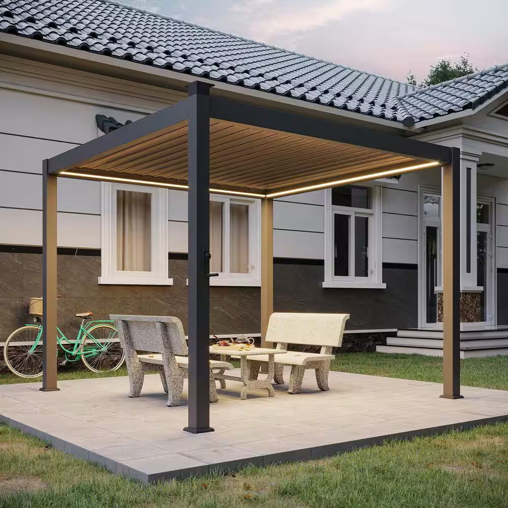 10 Ft. X 10 Ft. Modern Aluminum Pergola with Adjustable Louvers, LED Lights and Solar Charging, Charcoal Gray