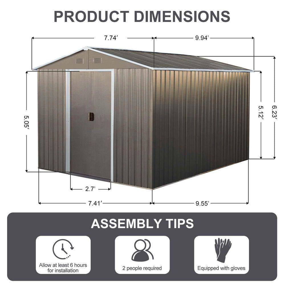 8 Ft.W X 10 Ft.D Outdoor Metal Storage Shed, Tool House with Metal Foundation for Patio, Yard, Lawn, Gray (77 Sq. Ft.)