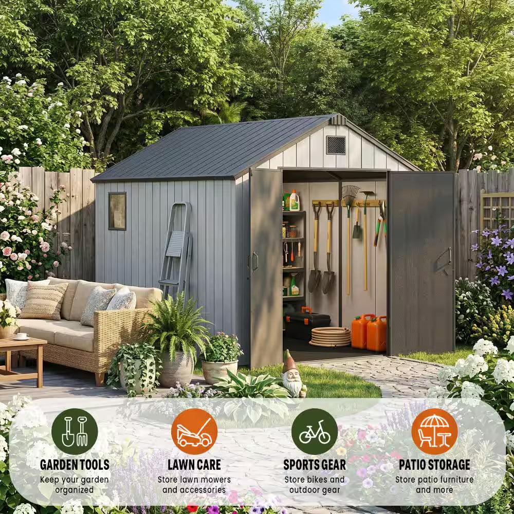 8 Ft. W X 10 Ft. D Resin Storage Shed with Double Doors, Window and Gable Vent 80 Sq. Ft.