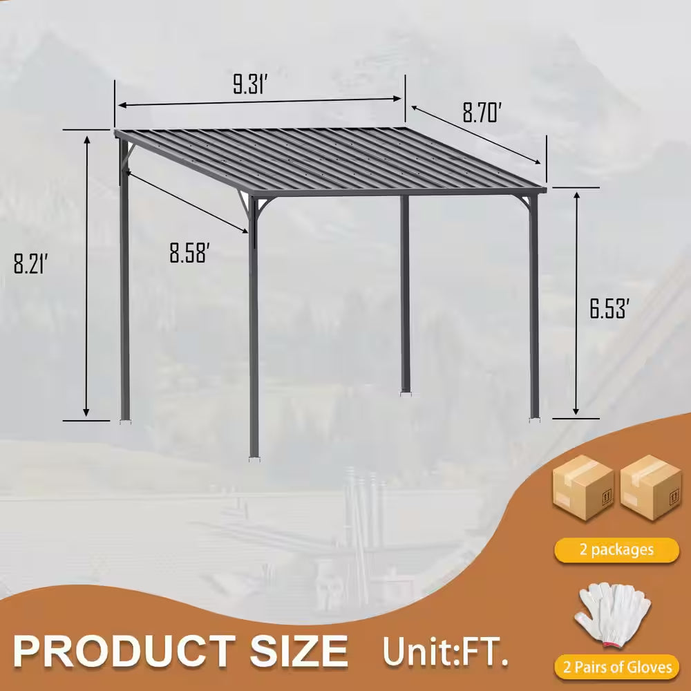 8 Ft. X 10 Ft. Lean to Gazebo, Wall Mounted Gazebos Pergola, Galvanized Steel Roof for Deck, Porch, Backy