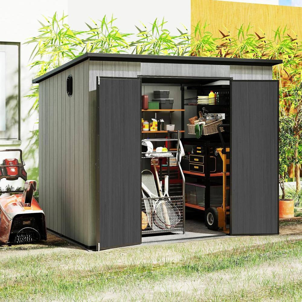 8 Ft. W X 6 Ft. D Outdoor Resin Shed with Transparent Windows and Louvered Vents in Gray