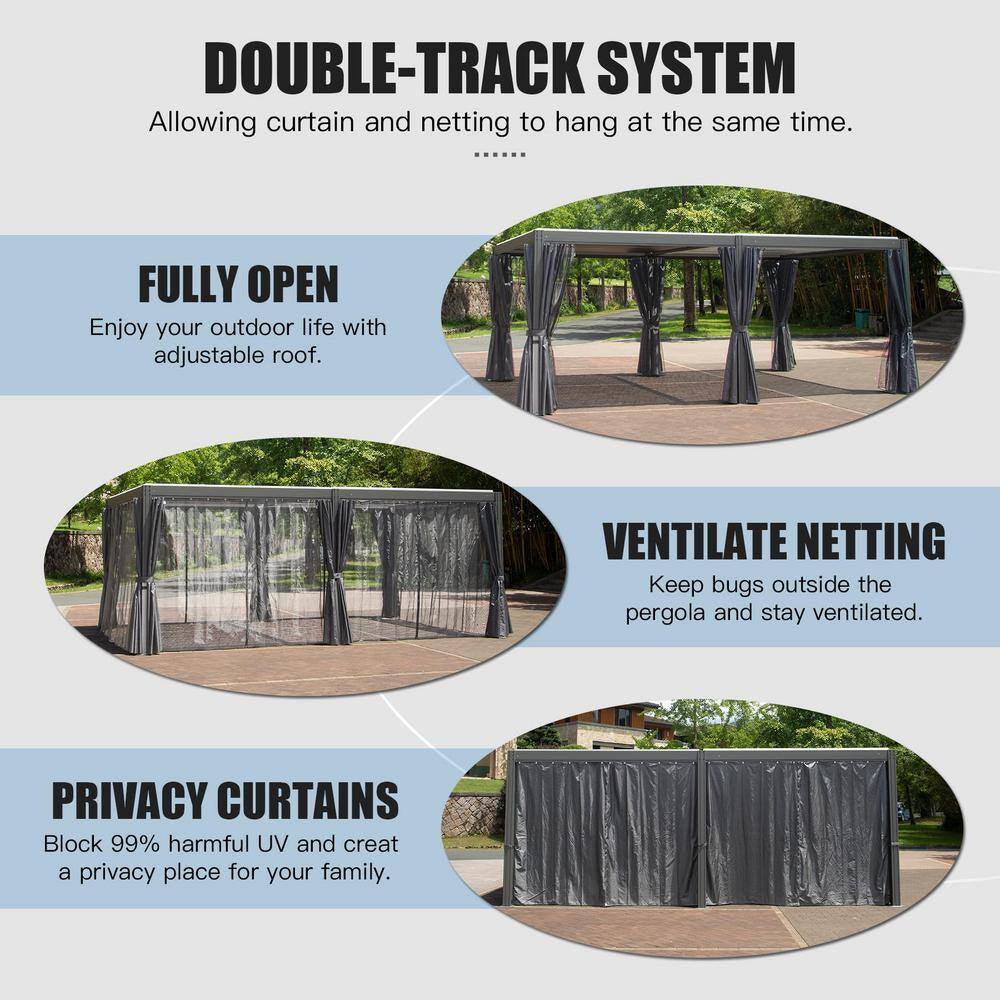 20 Ft. W X 12 Ft. D Aluminum Pergola with Two Adjustable Roof, Curtains, and Netting