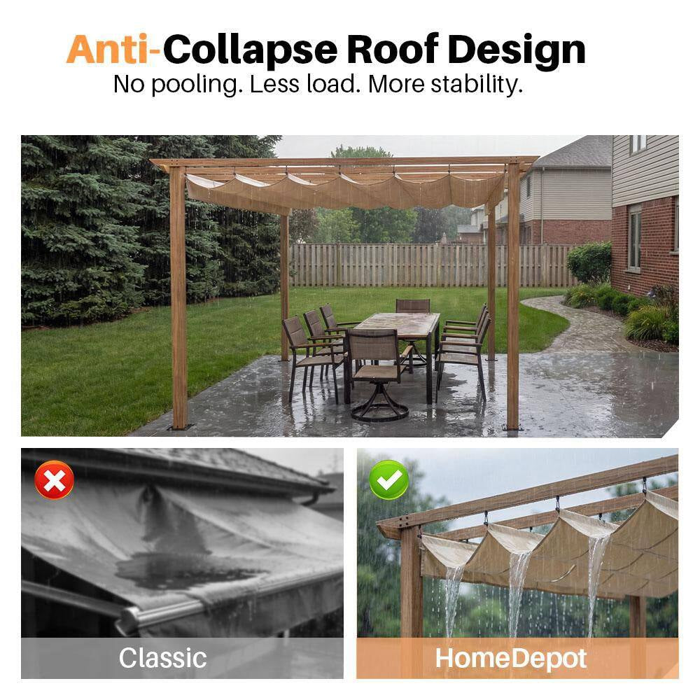 10 Ft. X 13 Ft. Wood Grain Aluminum Outdoor Pergola with Beige Retractable Sun Shade Canopy