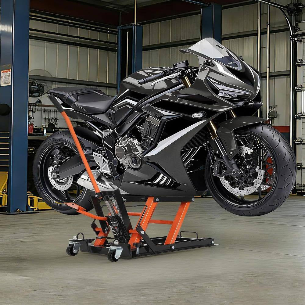 1500 Lbs Hydraulic Motorcycle Scissor Lift Jack, Heavy Duty Adjustable Lift Table with Foot Pedal & Wheels， Black&Orange