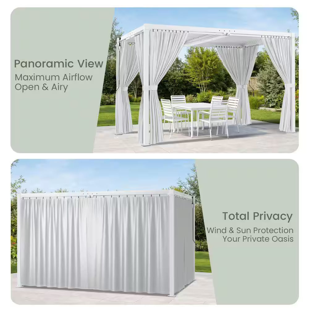 12 Ft. X 16 Ft. White Aluminum Louvered Pergola with Steel Roof and Curtains