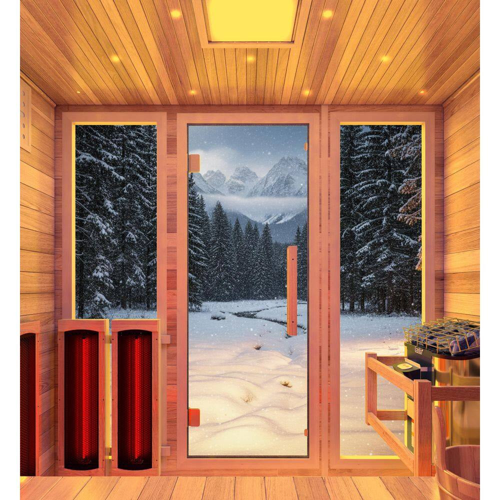 4-Person Infrared and Electric Heater Outdoor Red Cedar and Hemlock Wood Sauna with Wet/Dry Use, Touch Pad Controller