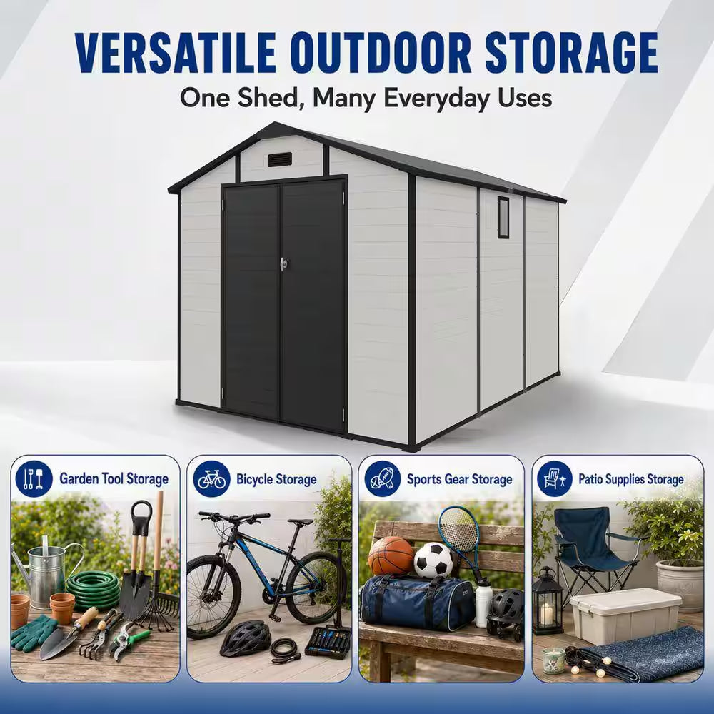 8X10 FT Plastic Outdoor Storage Shed, Lockable Resin Tool Shed with Window and Floor, Beige (80 Sq. Ft.)