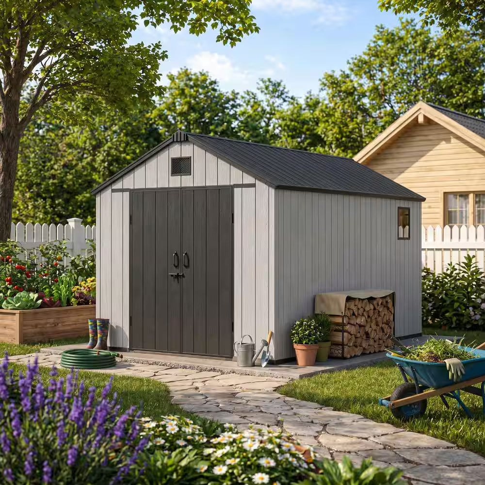 8 Ft. W X 12 Ft. D Resin Storage Shed with Double Doors, Window and Gable Vent 96 Sq. Ft.