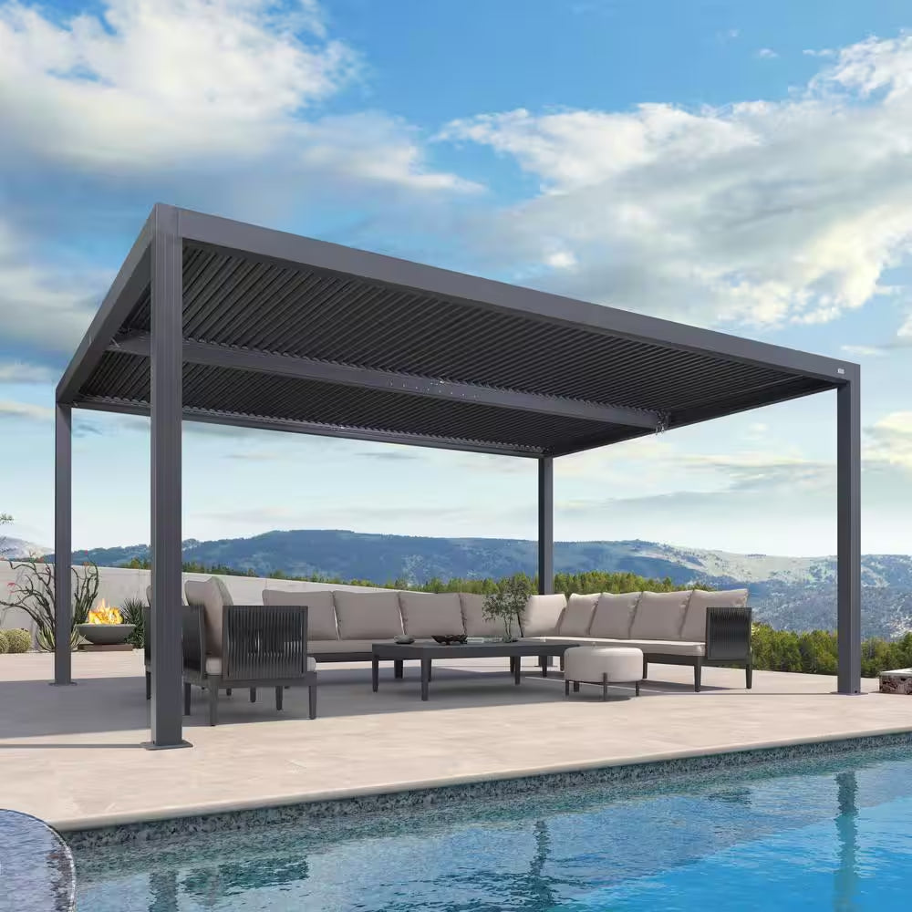 12 Ft. X 16 Ft. Gray Aluminum Frame Outdoor Hardtop Louvered Pergola with Adjustable Sunshade Roof and In-Built Gutter