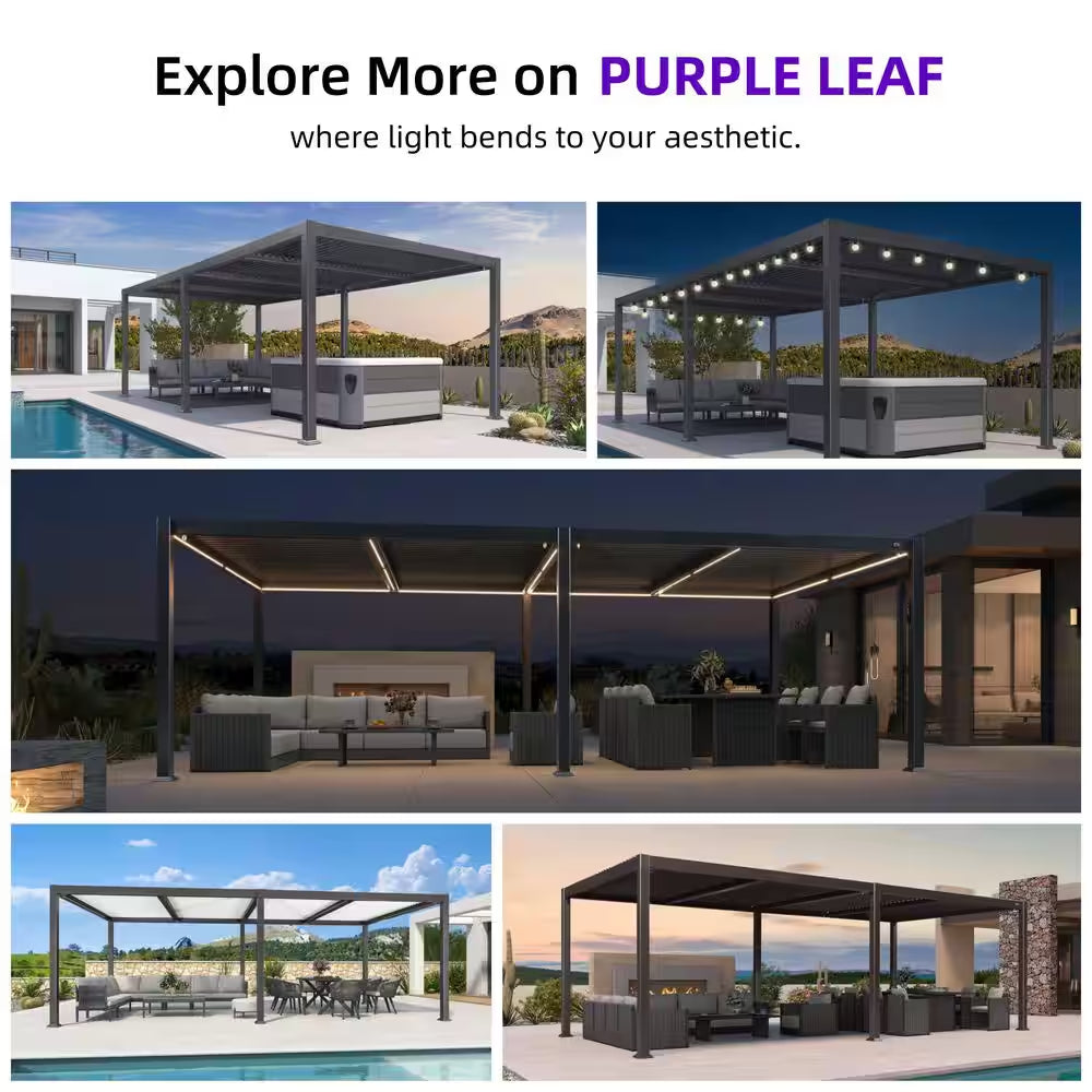 11.7 Ft. X 24.1 Ft. Gray Aluminum Outdoor Louvered Pergola with 4-Individual Adjustable Sunshade Roofs and LED Lights