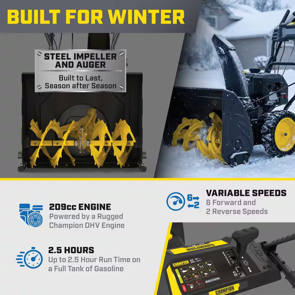 24 In. 209Cc Electric Start 2-Stage Self-Propelled Gas Snow Blower with EZ Turn, LED Headlight and Chute Control