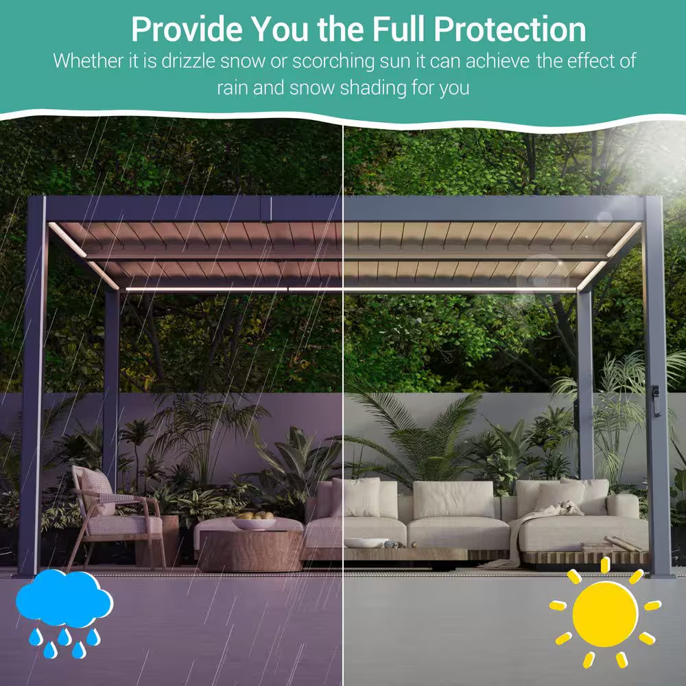 12 Ft. X 20 Ft. All-Aluminum Louvered Pergola with Adjustable Roof, Detachable LED Control Panel, Gray
