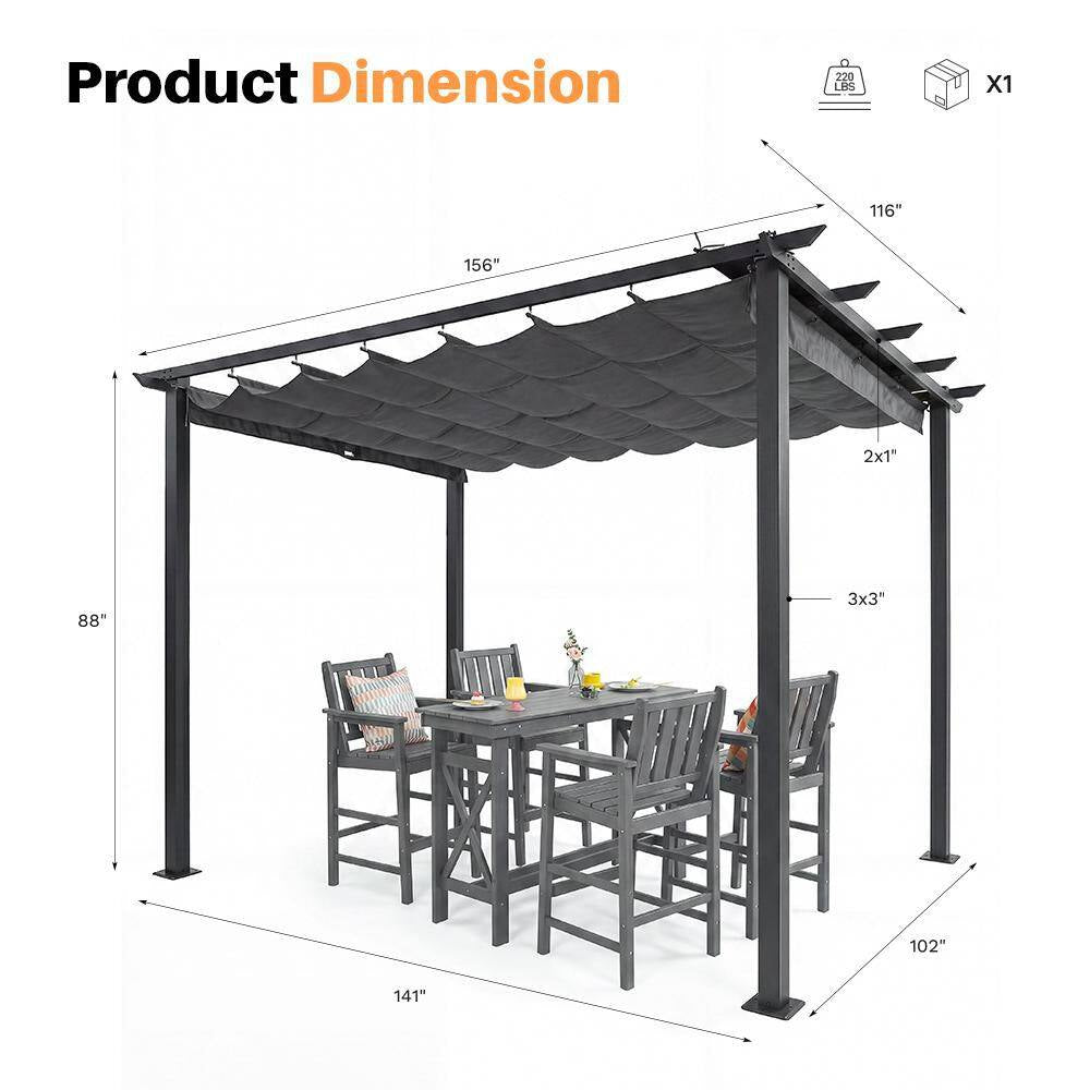 10 Ft. X 13 Ft. Grey Aluminum Outdoor Pergola with Grey Retractable Sun Shade Canopy