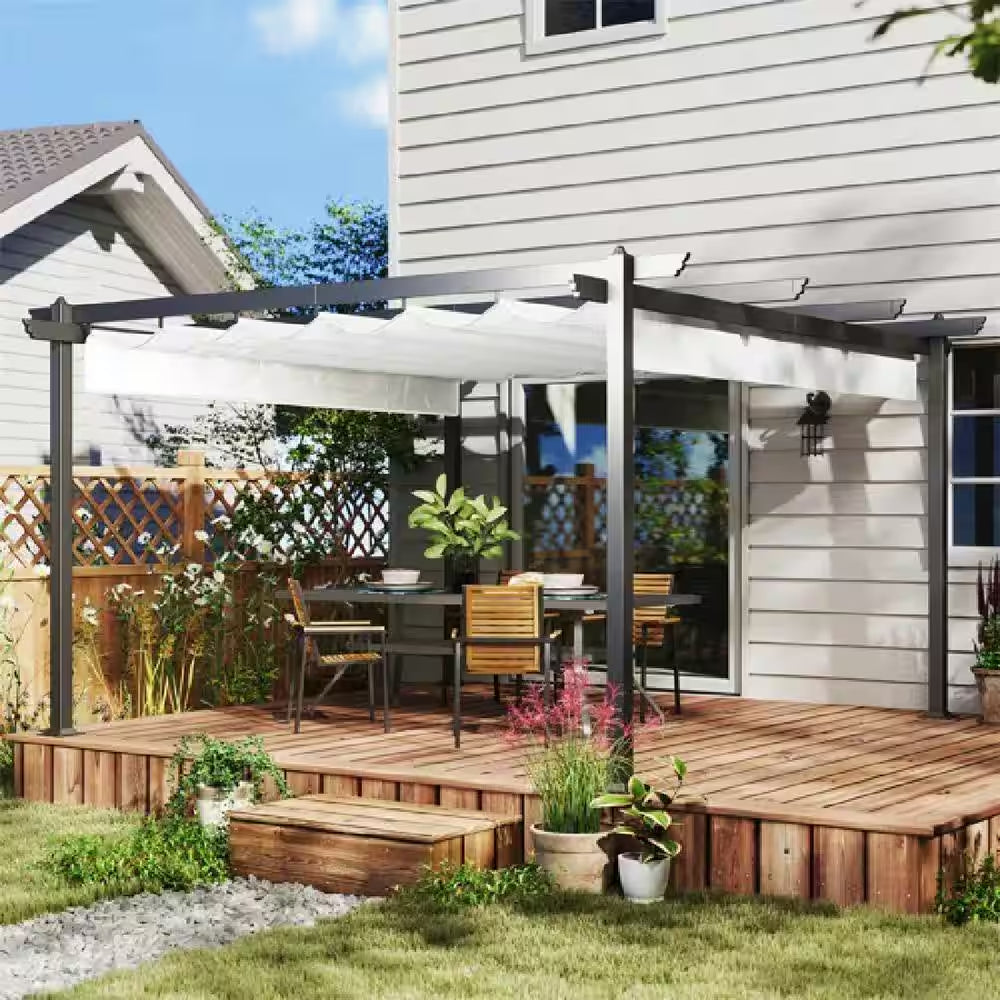 12 Ft. X 12 Ft. White Portable Gazebo, Retractable Pergola with Weather Resistant Canopy, Aluminum Patio Grill Gazebo