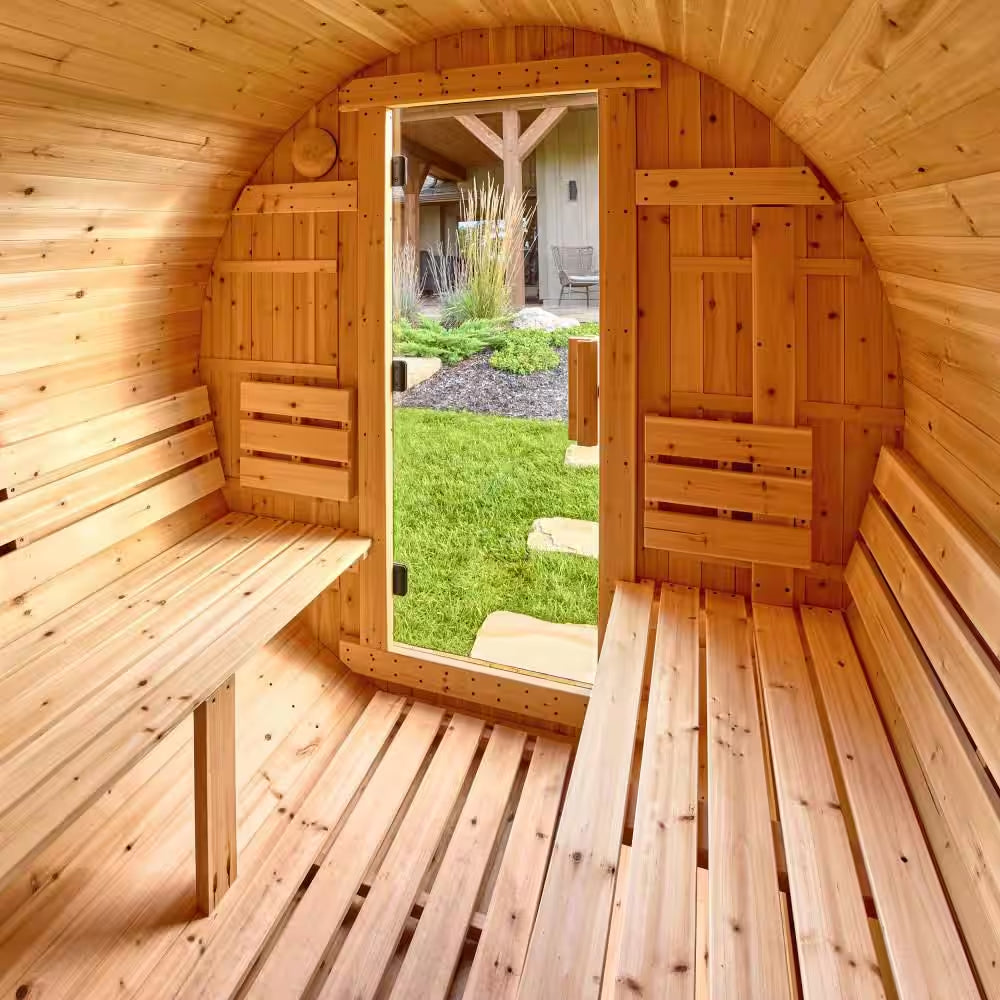 Paxton 6-Person Outdoor Cedar Traditional Wet/Dry Barrel Sauna with 9Kw Electric Heater, Wi-Fi Control, LED Lights