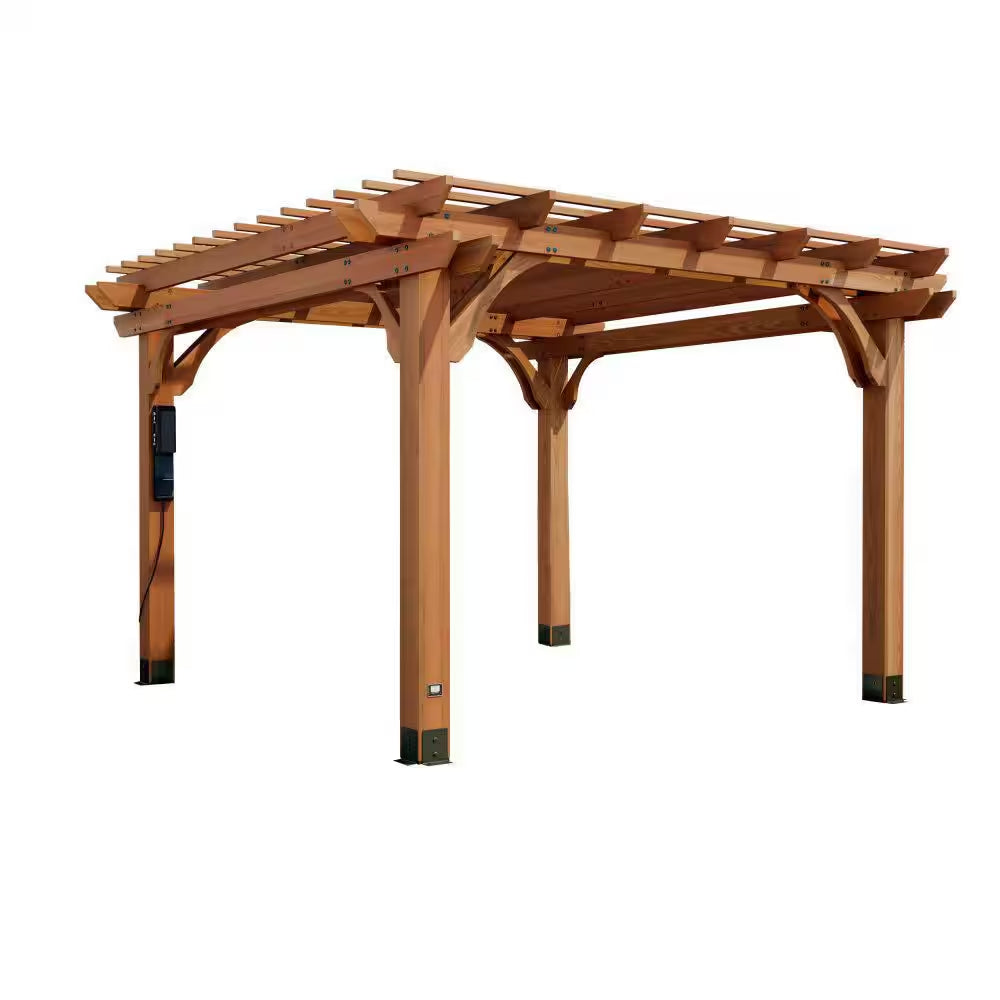 Beaumont 12 Ft. X 12 Ft. Light Brown Cedar Wood Outdoor Patio Pergola with Trellis Roof and Powerport