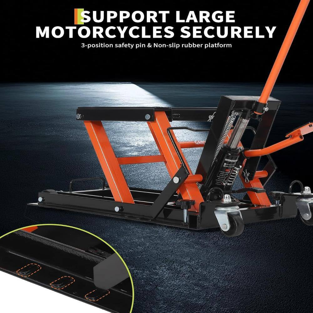 1500 Lbs Hydraulic Motorcycle Scissor Lift Jack, Heavy Duty Adjustable Lift Table with Foot Pedal & Wheels， Black&Orange