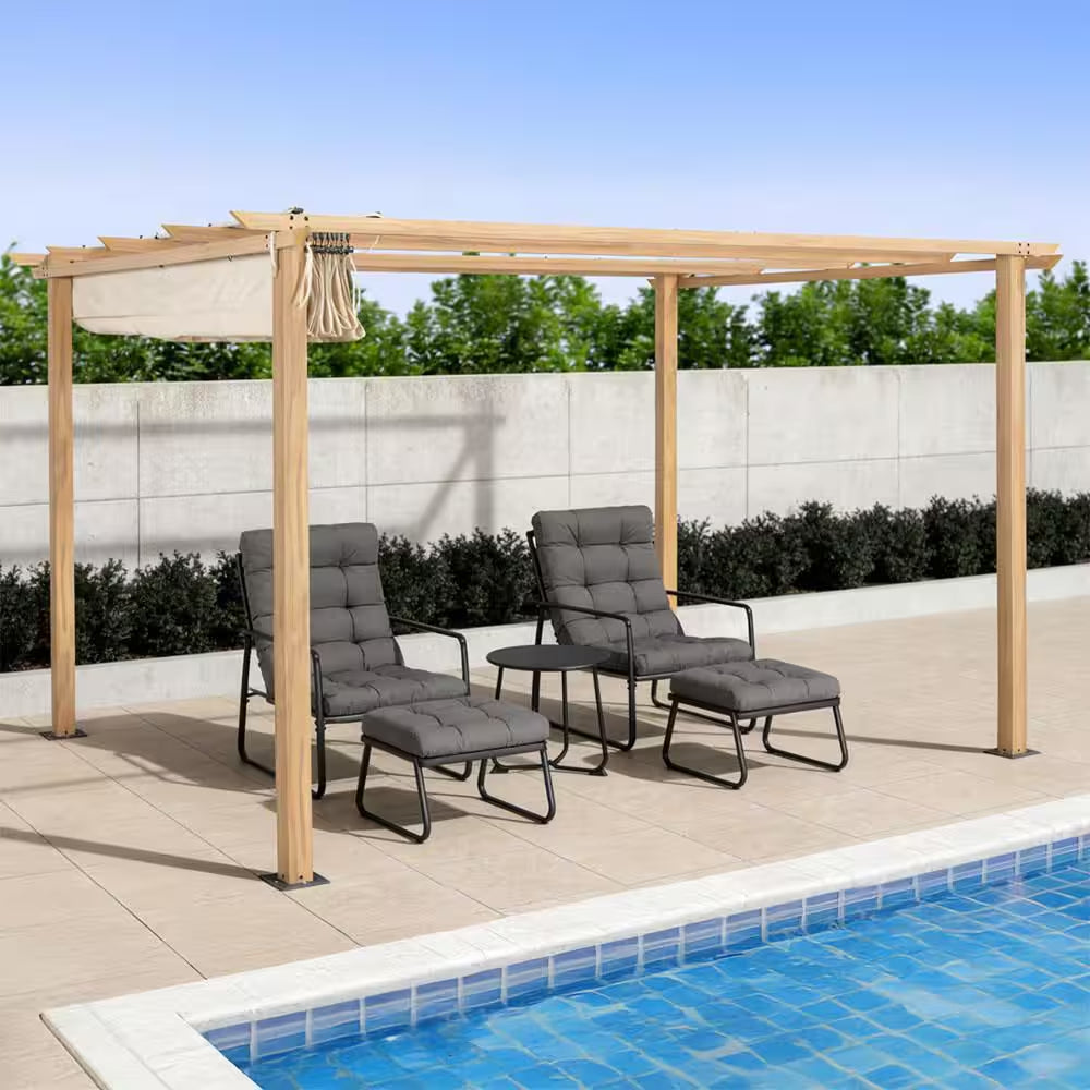 10 Ft. X 13 Ft. Wood Grain Aluminum Outdoor Pergola with Beige Retractable Sun Shade Canopy