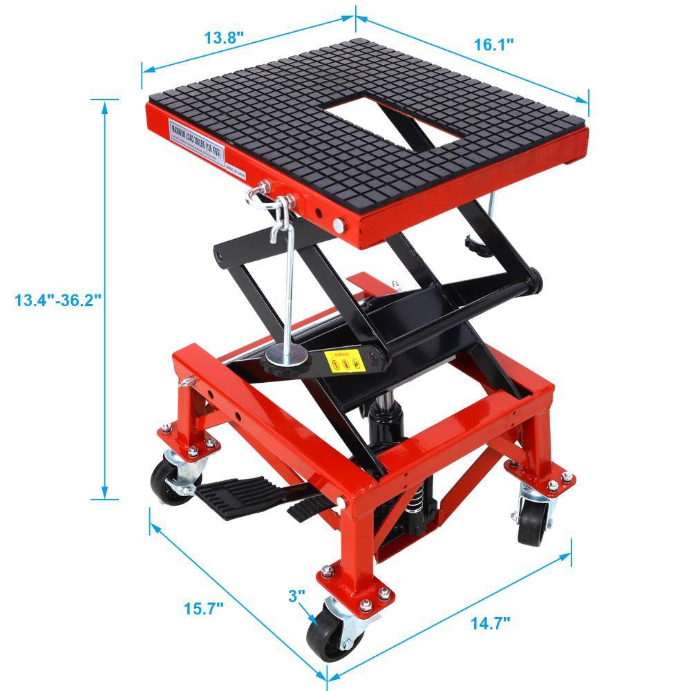 300 Lbs Hydraulic Motorcycle Scissor Jack Lift with Foot Step and Wheels, Red, Suitable for Small Dirt Bikes