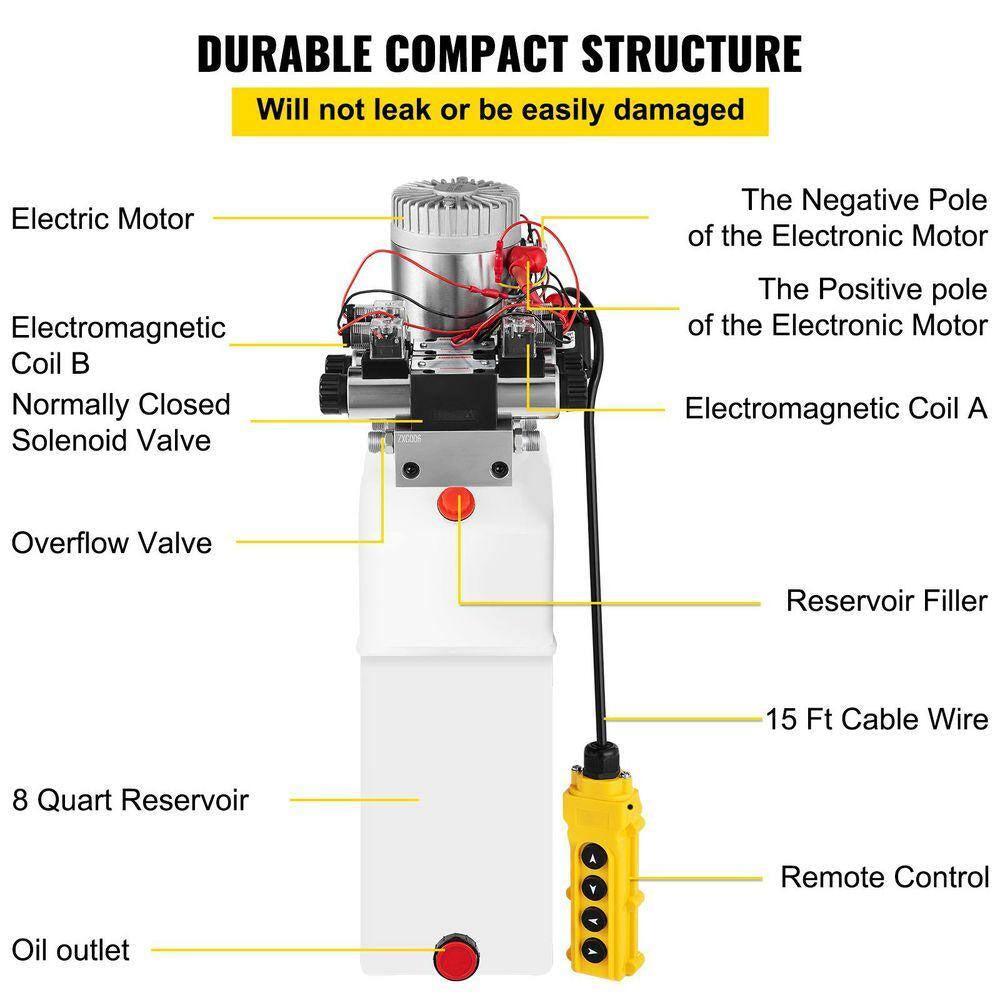 Hydraulic Pump 8 Qt., 12V Double Acting Unit for Dump Trailer and Vehicle Lifting 3200 PSI, Includes 4 SAE #6 Connectors