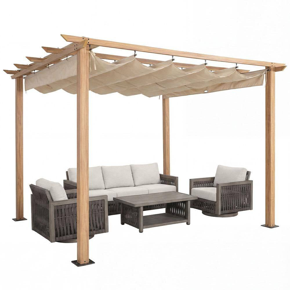 10 Ft. X 10 Ft. Wood Grain Aluminum Outdoor Pergola with Beige Retractable Sun Shade Canopy