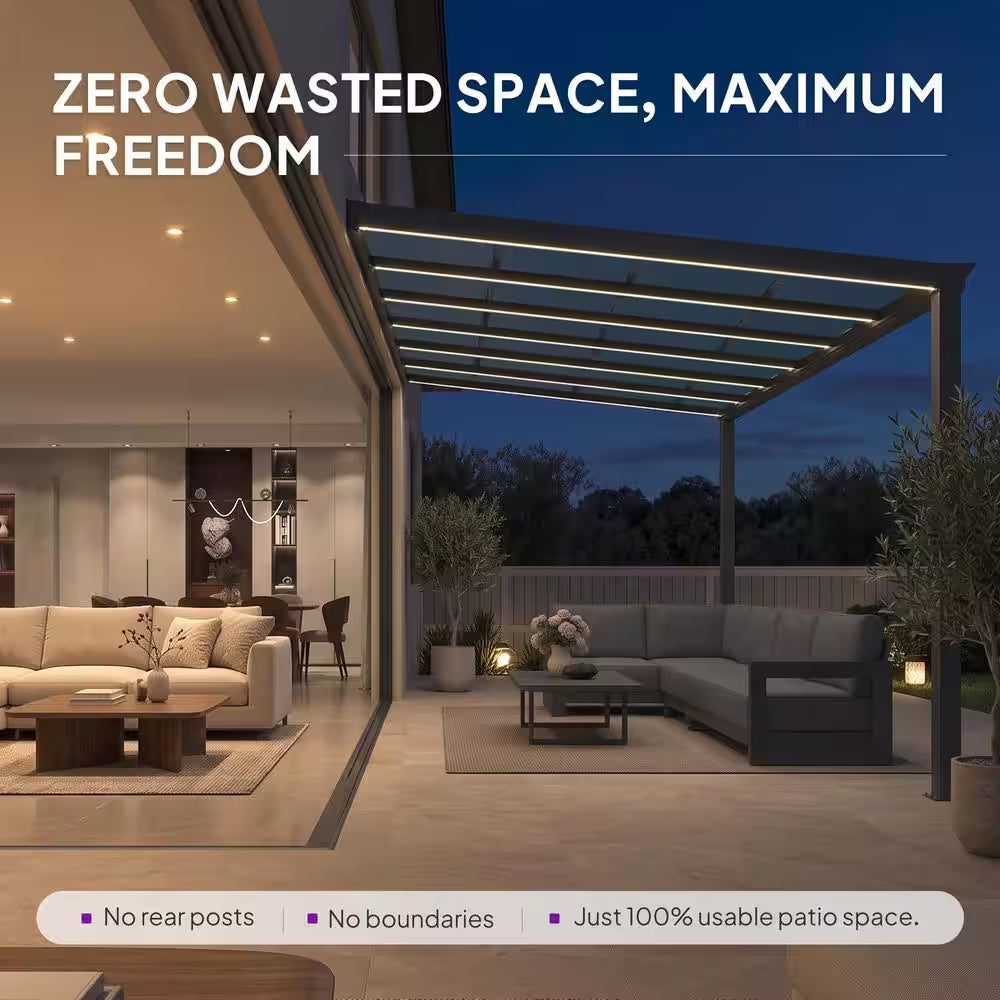 12 Ft. X 14 Ft. Gray Wall-Mounted Outdoor Pergola Aluminum Lean to Gazebo with PC Roof and IP67 LED Light