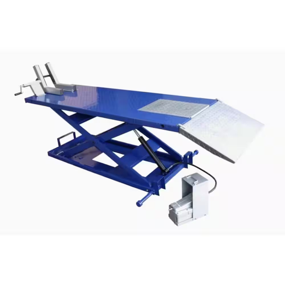 High Rise Motorcycle Lift Bench with Vise, Sides, Balance Bar, Pump 1,500 Lbs.