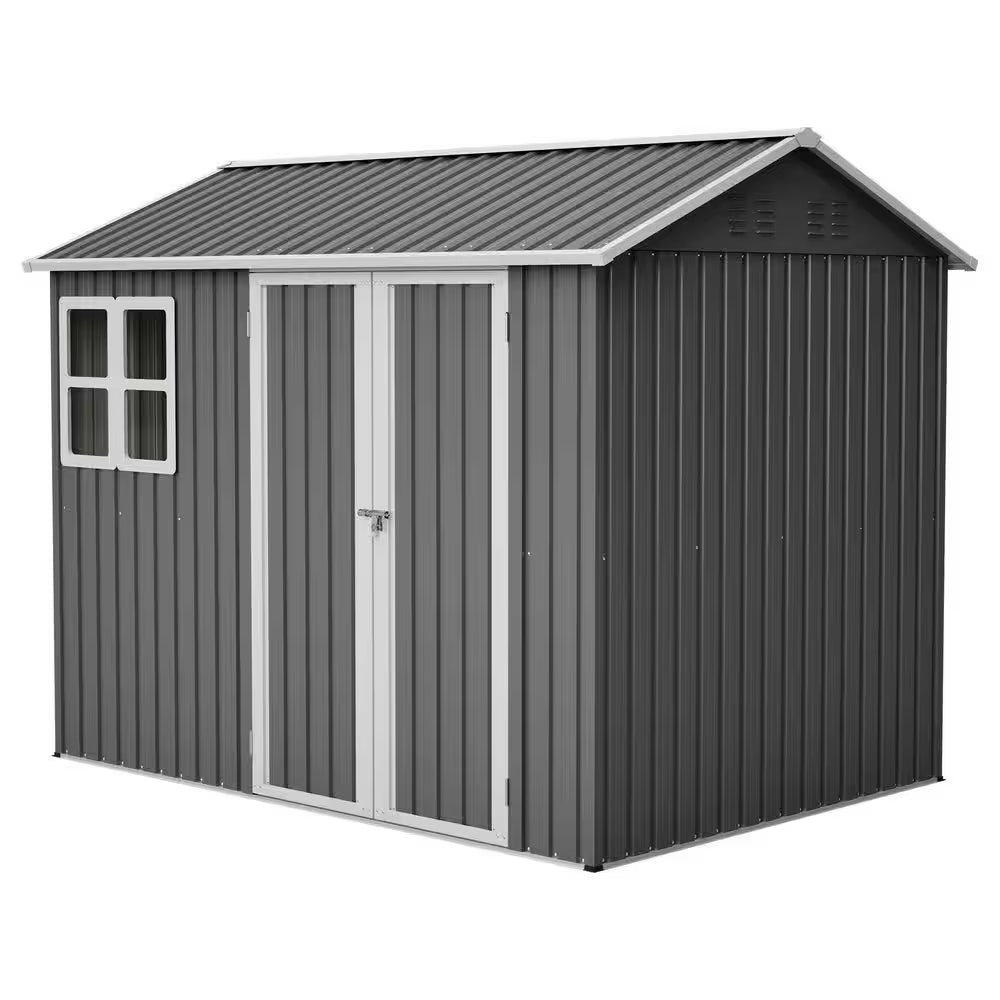 Metal 8 X 6 Ft. Steel Storage Shed with Window and Lockable Doors, Dark Gray for Garden Patio and Yard (43.69 Sq Ft)