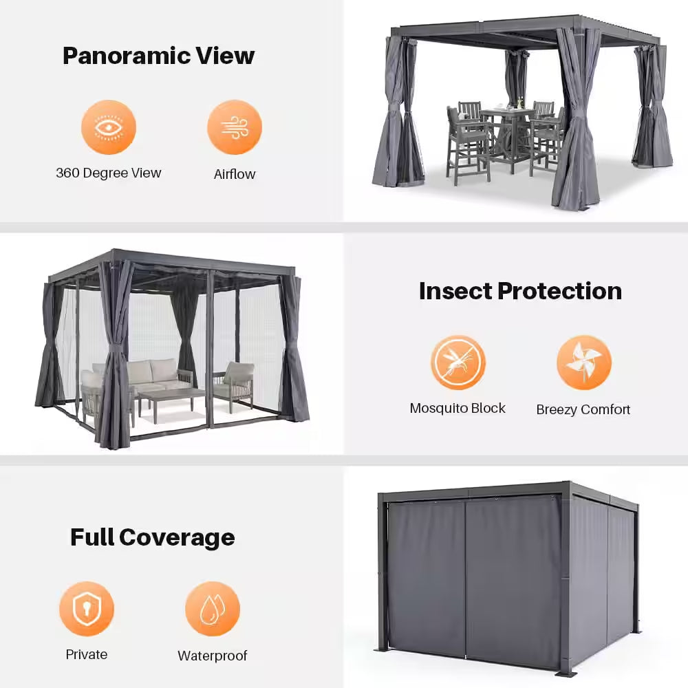 10 Ft. X 12 Ft. Grey All-Aluminum Outdoor Louvered Pergola with Adjustable Roof, Curtains and Netting