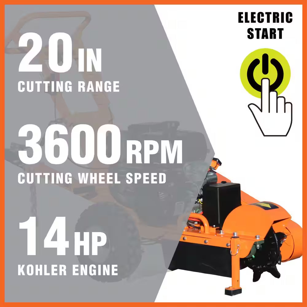 11 In. 14 HP Electric Start Commercial Kohler Gas Powered Stump Grinder with Extra Set of Teeth, Tow Bar, and Hour Meter
