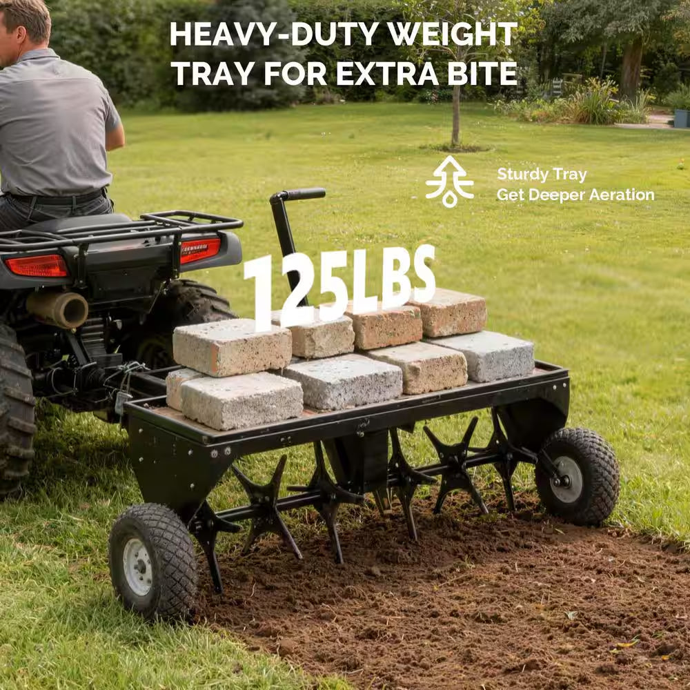 40" Tow‑Behind Lawn Dethatcher with Universal Hitch, Tray & Inflatable Wheels for Garden & Farm, Black