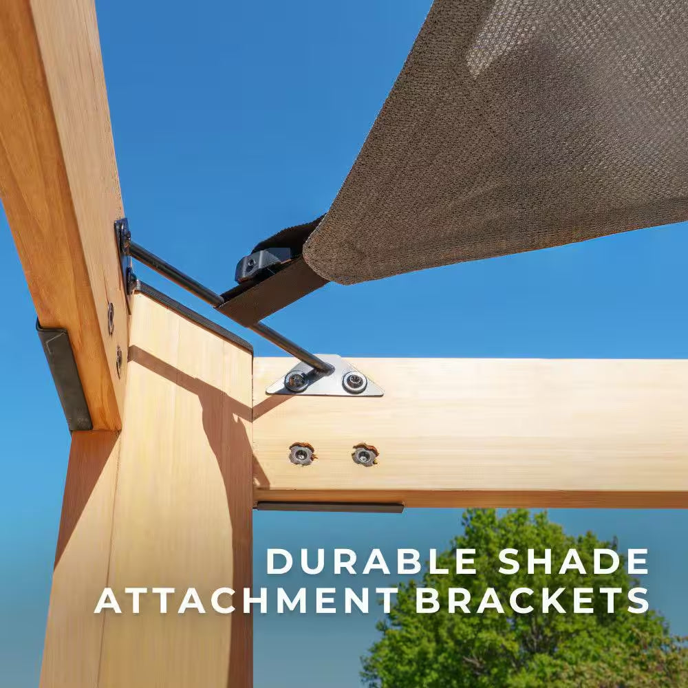 Brendan 10 Ft. X 12 Ft. Light Brown Cedar Wood Patio Pergola with Sun Shade Sail Screen Canopy and Powerport