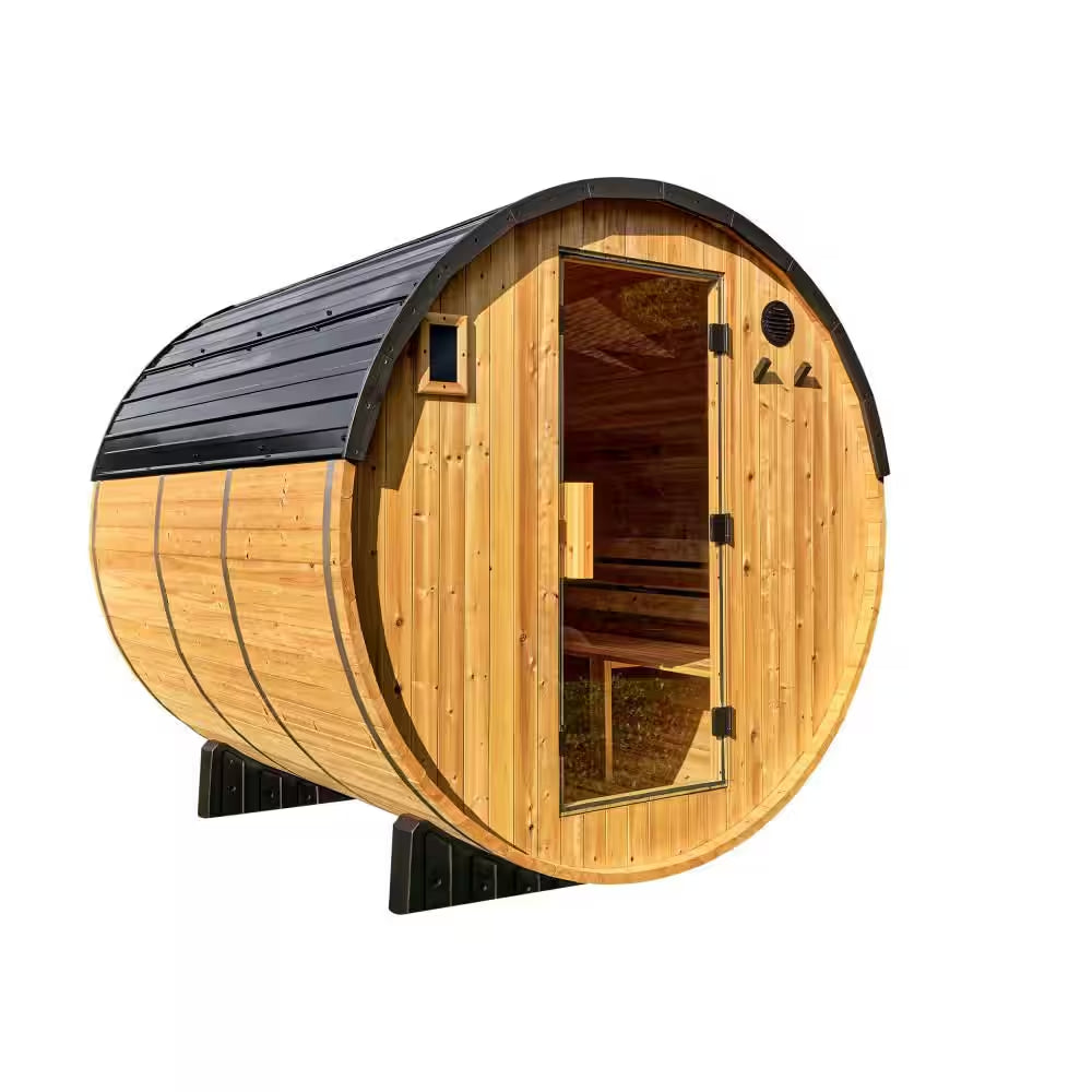Paxton 6-Person Outdoor Cedar Traditional Wet/Dry Barrel Sauna with 9Kw Electric Heater, Wi-Fi Control, LED Lights