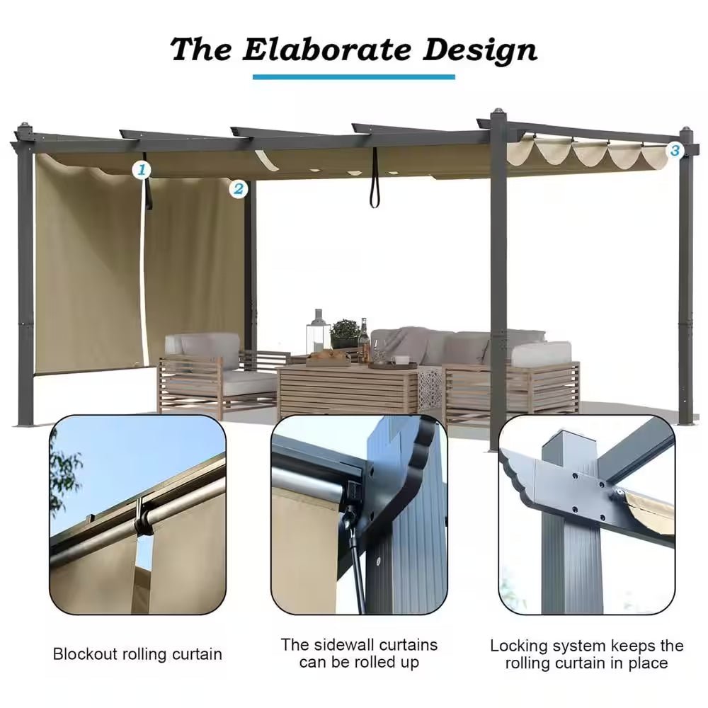 14 Ft. X 12 Ft. Gray Aluminum Frame Patio Pergola with Khaki Retractable Shade Top Canopy and 2-Pieces Roller Shade