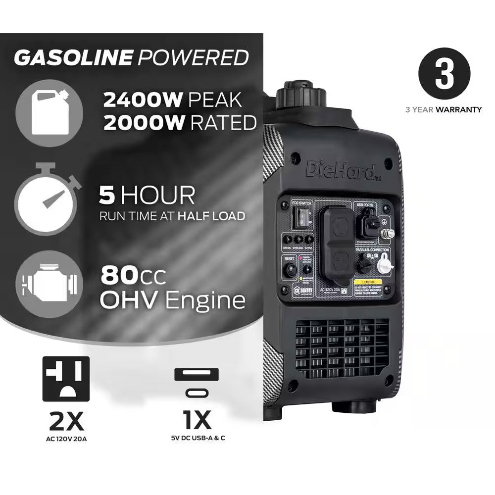 2,000-Watt to 2,400-Watt Recoil Start Portable Gasoline Powered Inverter Generator with CO Alert