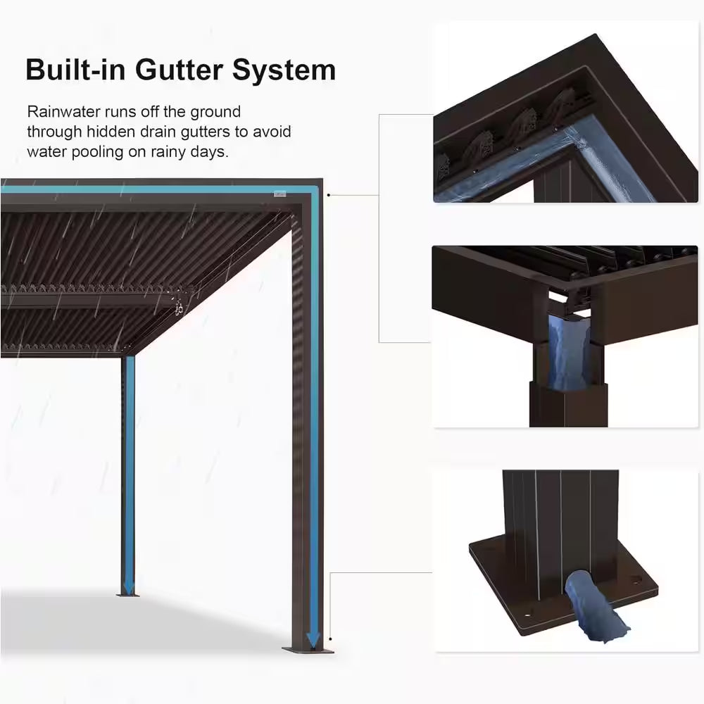 12 Ft. X 14 Ft. Bronze Aluminum Frame Louvered Pergola with Adjustable Shade Roof and 1-Long 1-Short Side Roller Shades