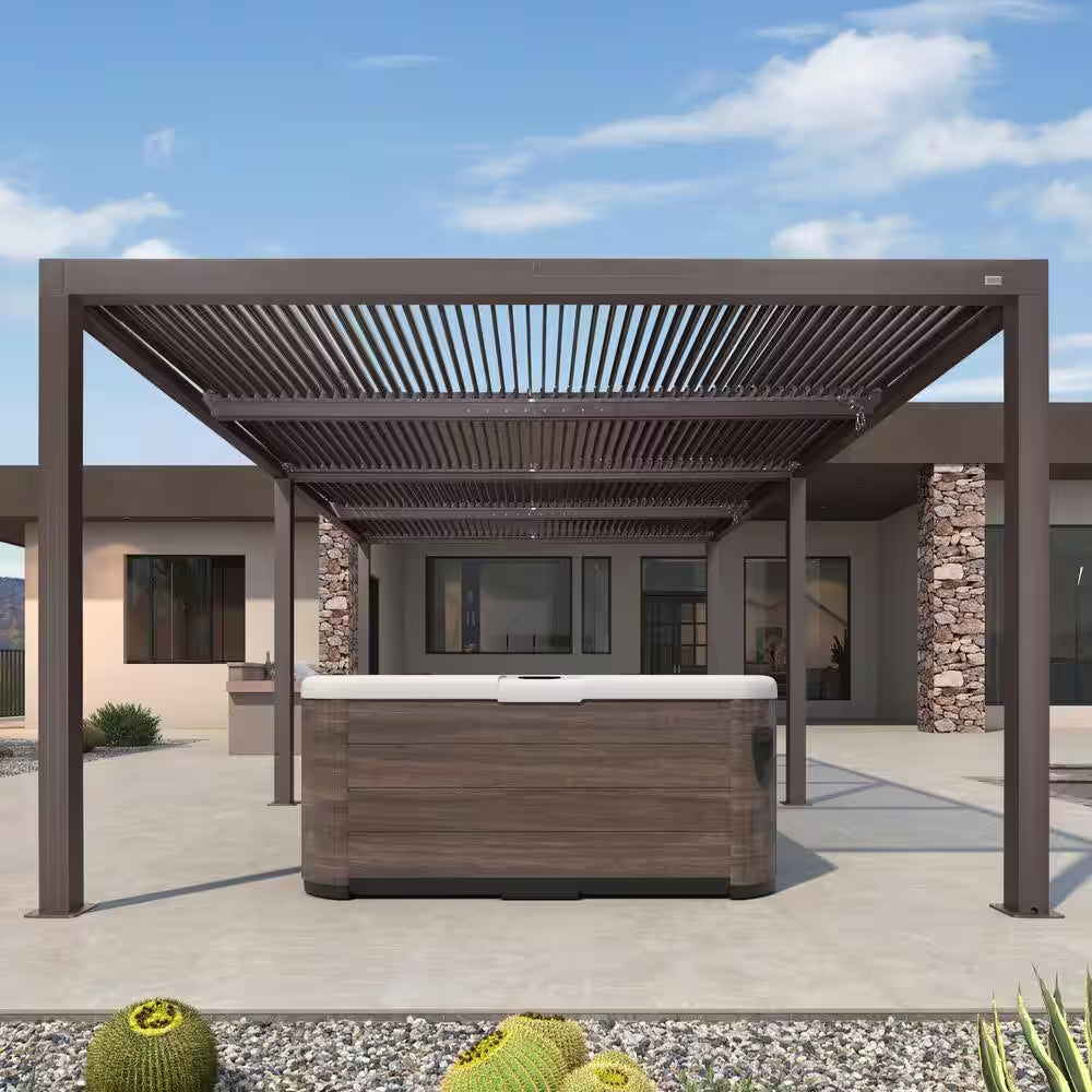 12 Ft. X 20 Ft. Bronze Aluminum Frame Louvered Pergola with Adjustable Roofs and 1-Long Side Bronze Roller Shades